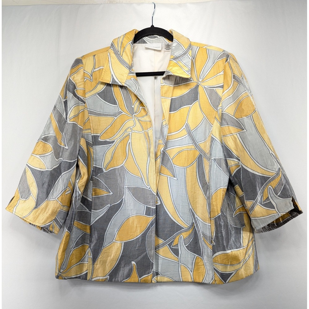 Alfred Dunner Womens 16 Yellow Grey Floral Abstract 3/4 Sleeve Open Front Jacket